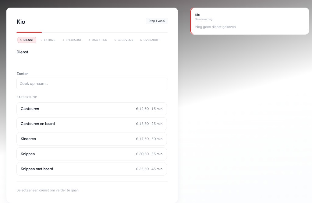Voorbeeldboekingsflow: diensten kiezen in de widget van de salon