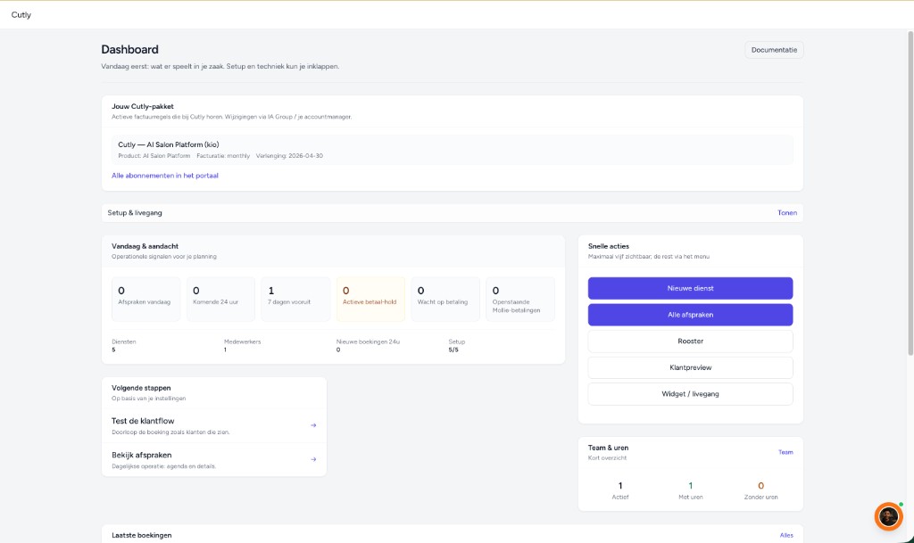 Cutly-dashboard met vandaag-overzicht en snelle acties