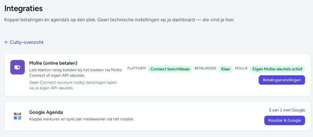 Cutly-integraties Mollie en Google Agenda