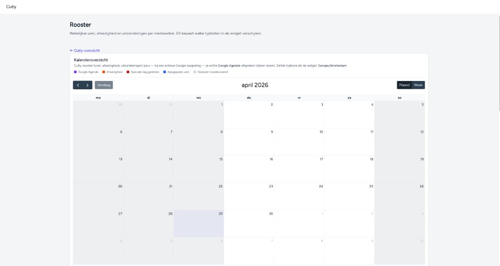 Cutly-rooster met kalender en Google Agenda
